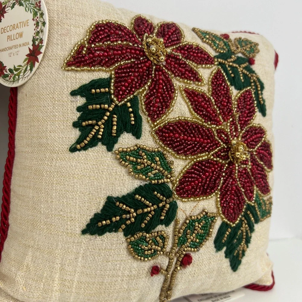 Beaded‎ Poinsettia Decorative Pillows Red Gold Christmas 12 x 12 Set of 2 NEW